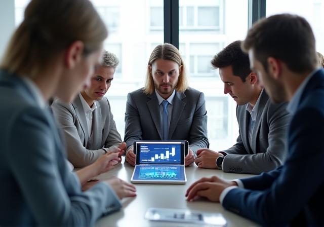 A focused financial consultant pointing to a growing trend on a digital tablet during a board meeting